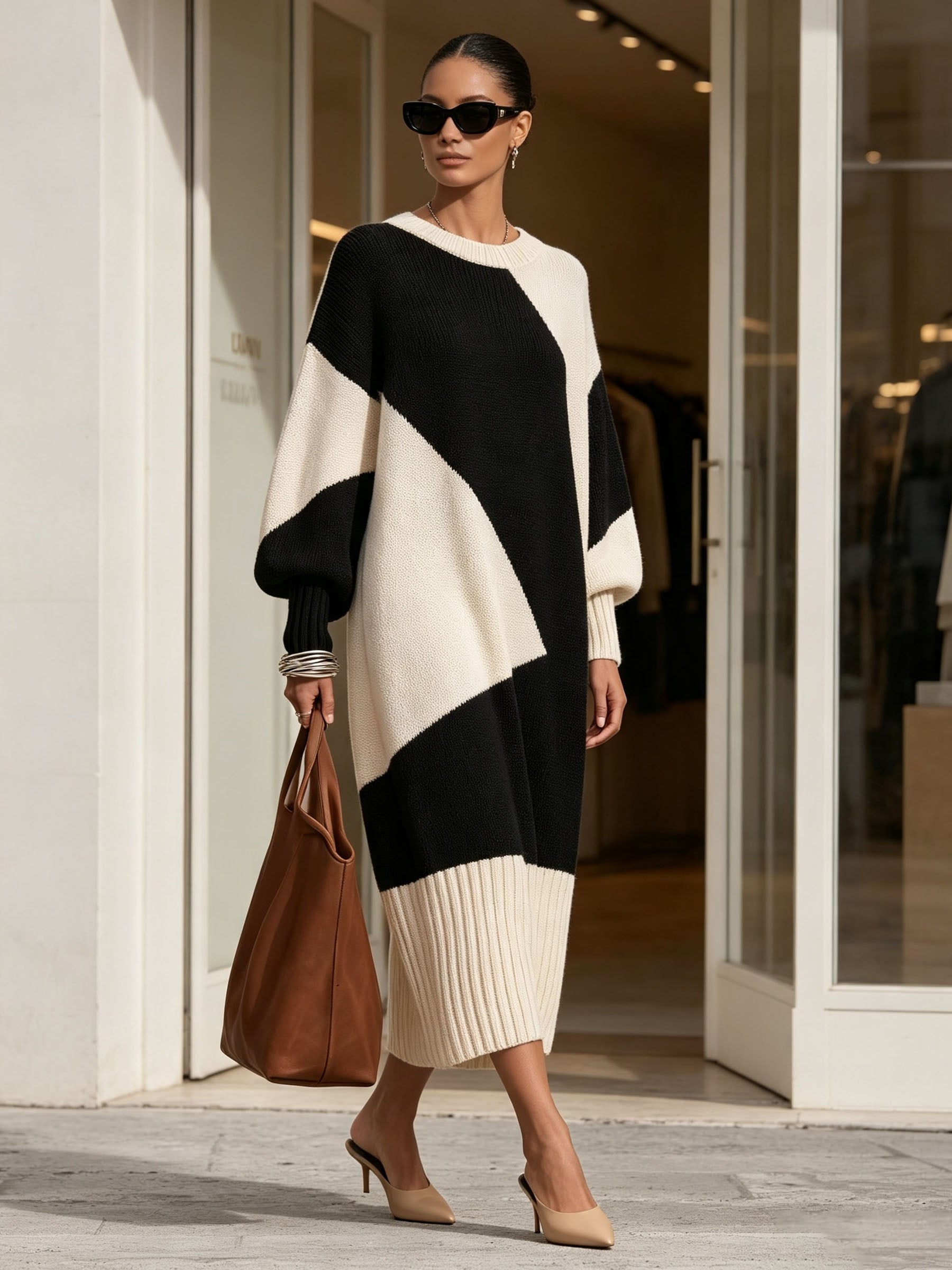 Oversized Black & Cream Color Block Knit Midi Dress, Loose Balloon Sleeve Sweater Dress