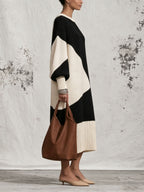 Oversized Black & Cream Color Block Knit Midi Dress, Loose Balloon Sleeve Sweater Dress