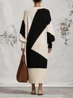 Oversized Black & Cream Color Block Knit Midi Dress, Loose Balloon Sleeve Sweater Dress