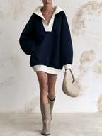Navy White Contrast Rib Collar Oversized Air‑Layer Mini Sweatshirt Dress