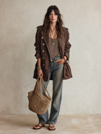 Utility Chic Cotton-Twill Double-Breasted Belted Chocolate Brown Trench Coat