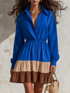 Resort-style Collared Color-blocked Long-sleeved Faux Suede Mini Dress