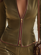 Resort-style Collared Long-sleeved Color-blocked Striped Jacket