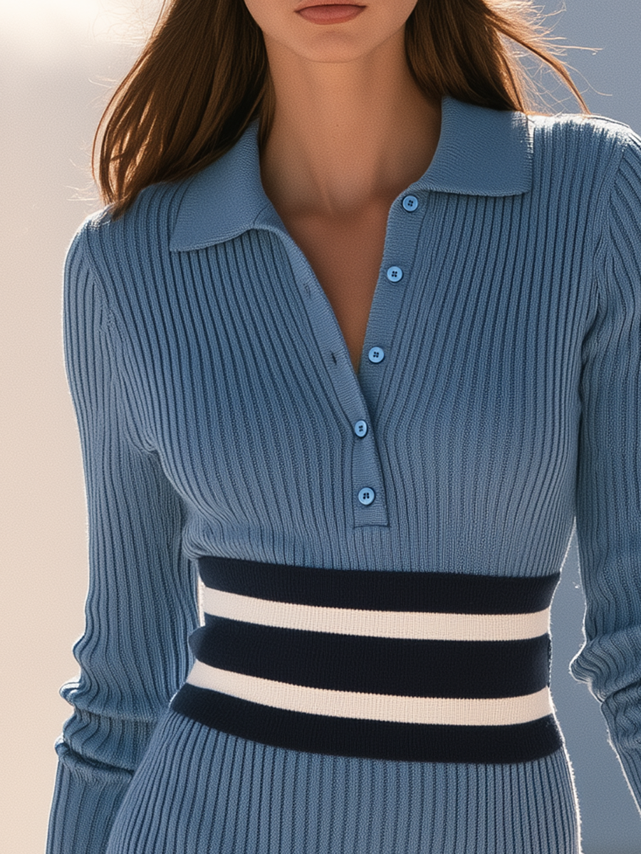 Old Money Long Sleeve Striped Waist Polo Collar Ribbed Knit Mini Dress