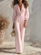 Resort-style V-neck Ruffled Long-sleeved Plaid Jumpsuit