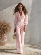 Resort-style V-neck Ruffled Long-sleeved Plaid Jumpsuit