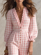Resort-style V-neck Ruffled Long-sleeved Plaid Jumpsuit