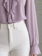 Ruffle Tie-Neck Front Long-Sleeve Chiffon Blouse