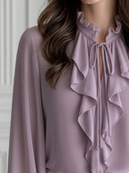 Ruffle Tie-Neck Front Long-Sleeve Chiffon Blouse