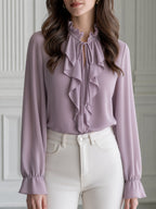 Ruffle Tie-Neck Front Long-Sleeve Chiffon Blouse