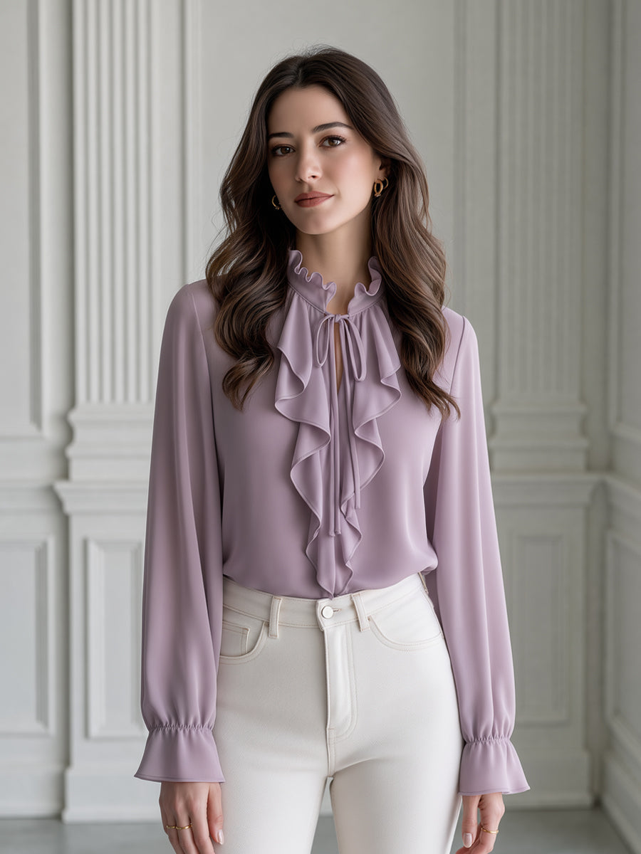 Ruffle Tie-Neck Front Long-Sleeve Chiffon Blouse
