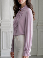 Ruffle Tie-Neck Front Long-Sleeve Chiffon Blouse