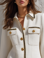 Elegant Vacation Lapel Multiple Pockets Tweed Mini Dress