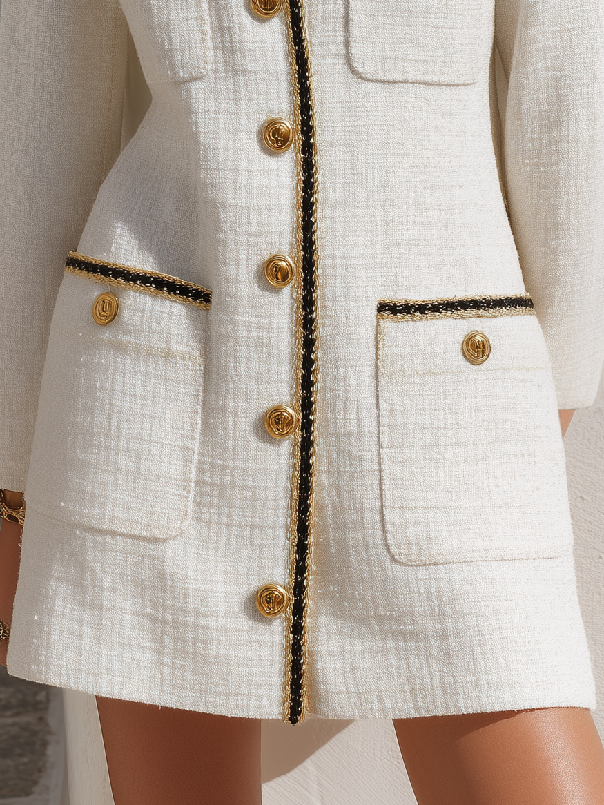 Elegant Vacation Lapel Multiple Pockets Tweed Mini Dress