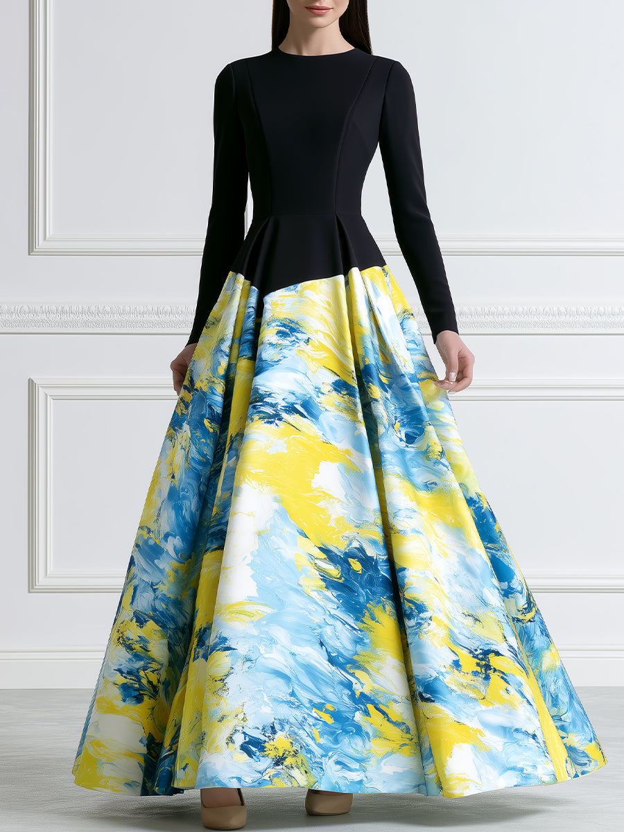 Long Sleeve Color-Block Abstract Print Maxi Dress