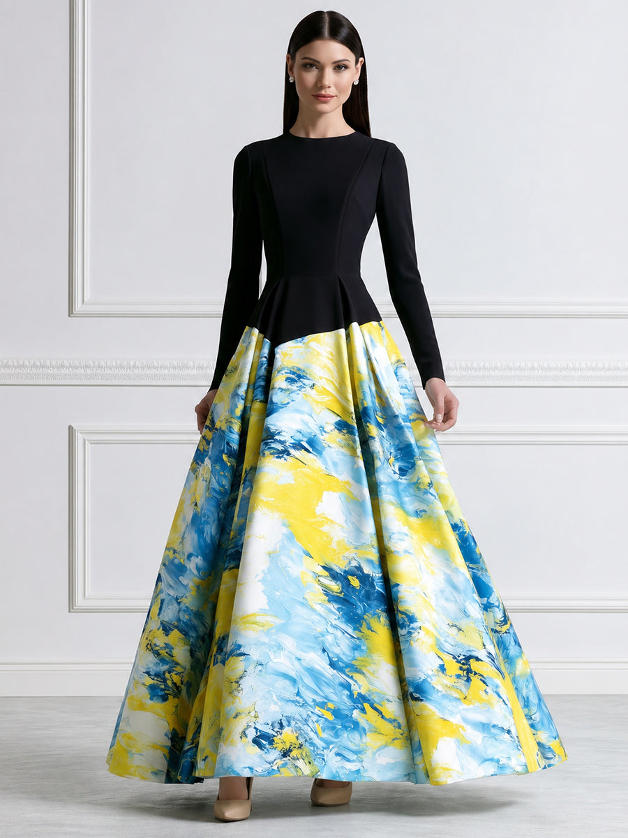 Long Sleeve Color-Block Abstract Print Maxi Dress
