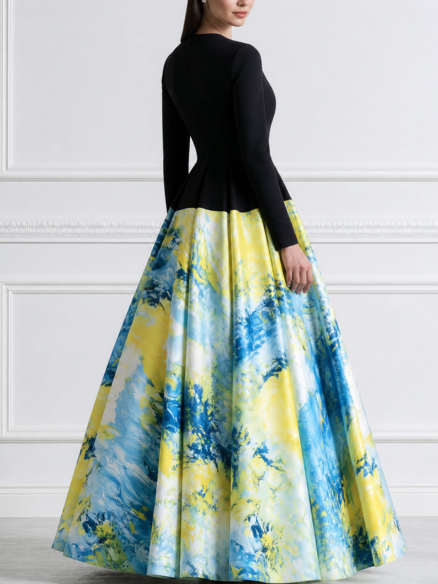 Long Sleeve Color-Block Abstract Print Maxi Dress