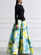 Long Sleeve Color-Block Abstract Print Maxi Dress