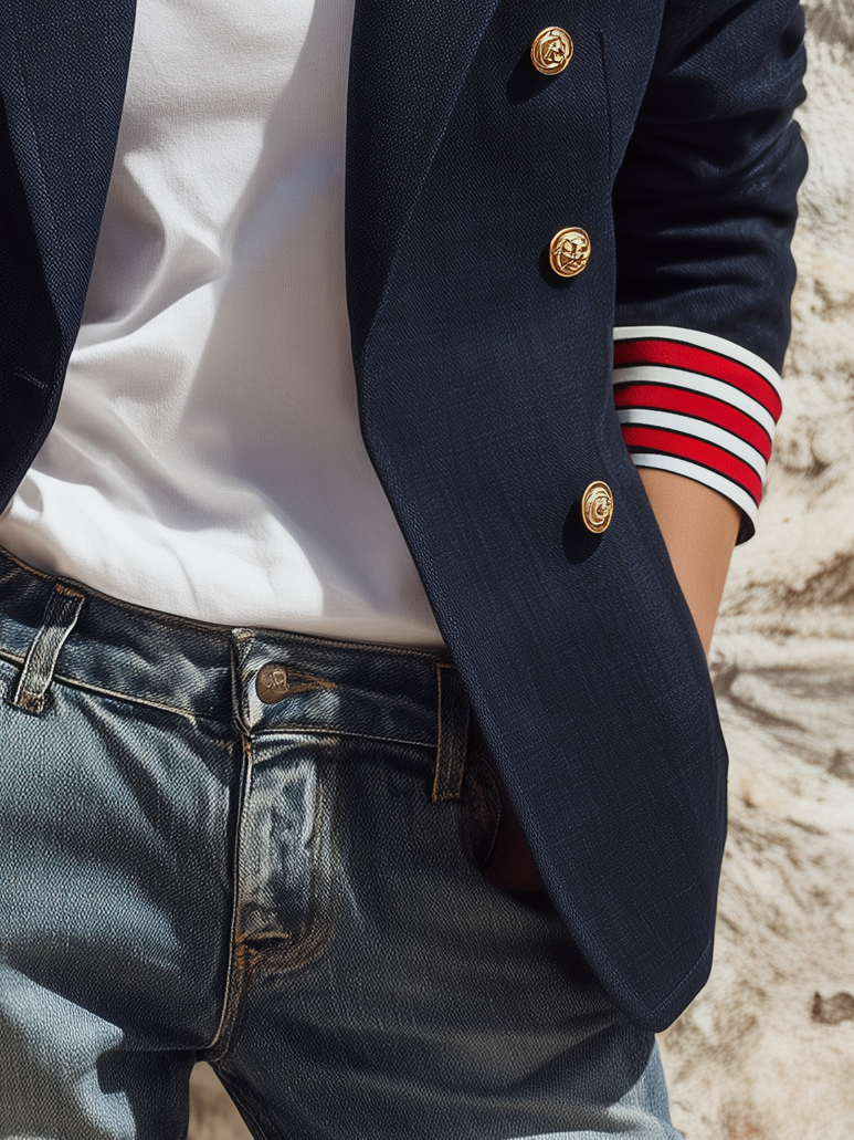 Vacation Retro Nautical Color Block Striped Cuff Double-Breasted Blazer