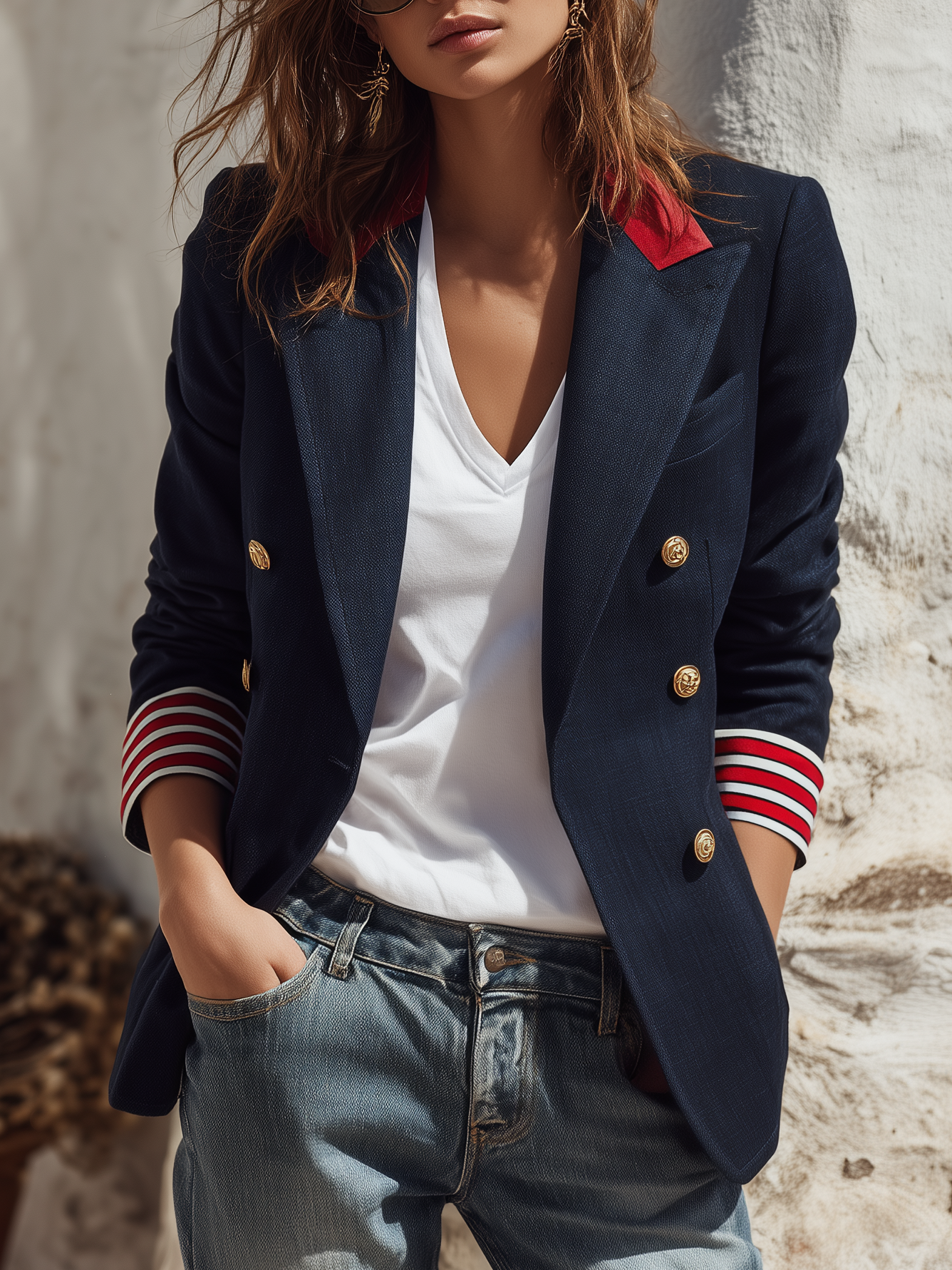 Vacation Retro Nautical Color Block Striped Cuff Double-Breasted Blazer
