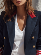 Vacation Retro Nautical Color Block Striped Cuff Double-Breasted Blazer