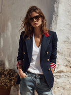 Vacation Retro Nautical Color Block Striped Cuff Double-Breasted Blazer