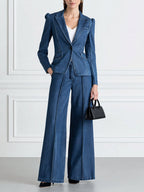 Denim Blazer & Wide-Leg Pants Two-Piece Suit Set