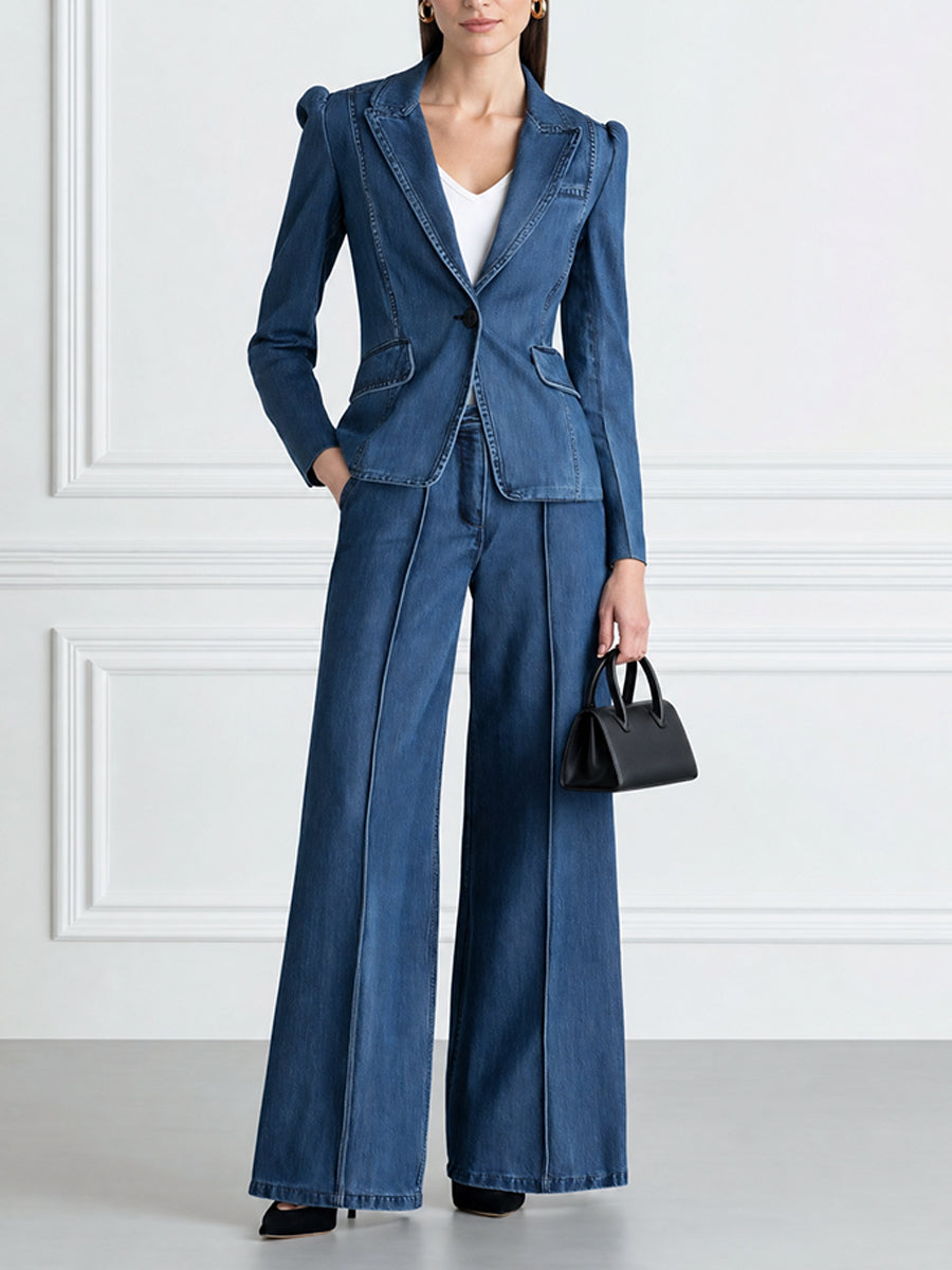 Denim Blazer & Wide-Leg Pants Two-Piece Suit Set
