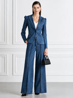Denim Blazer & Wide-Leg Pants Two-Piece Suit Set