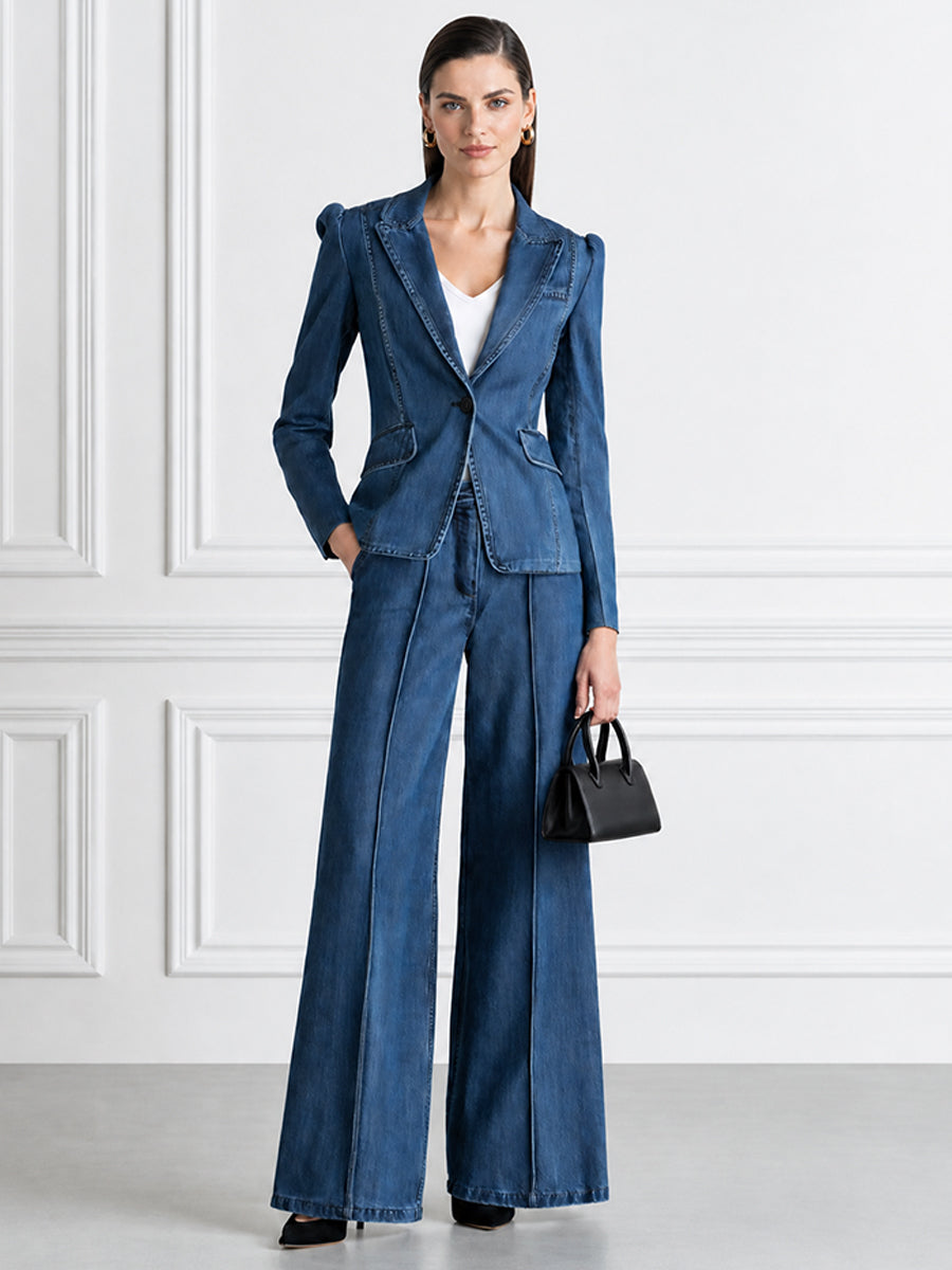 Denim Blazer & Wide-Leg Pants Two-Piece Suit Set