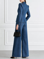 Denim Blazer & Wide-Leg Pants Two-Piece Suit Set