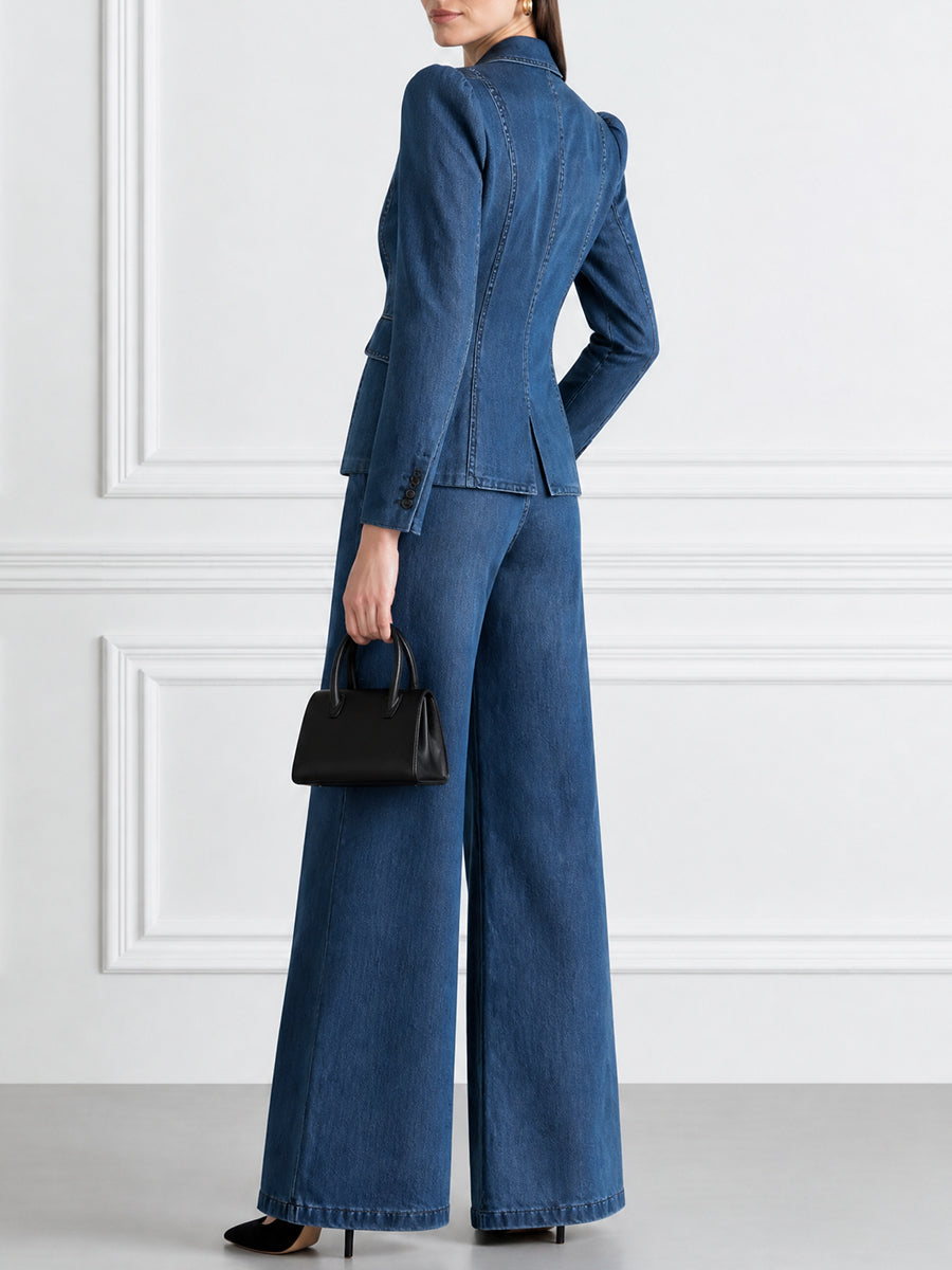 Denim Blazer & Wide-Leg Pants Two-Piece Suit Set