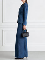 Denim Blazer & Wide-Leg Pants Two-Piece Suit Set