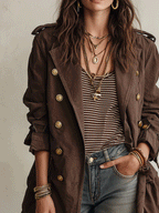 Utility Chic Cotton-Twill Double-Breasted Belted Chocolate Brown Trench Coat