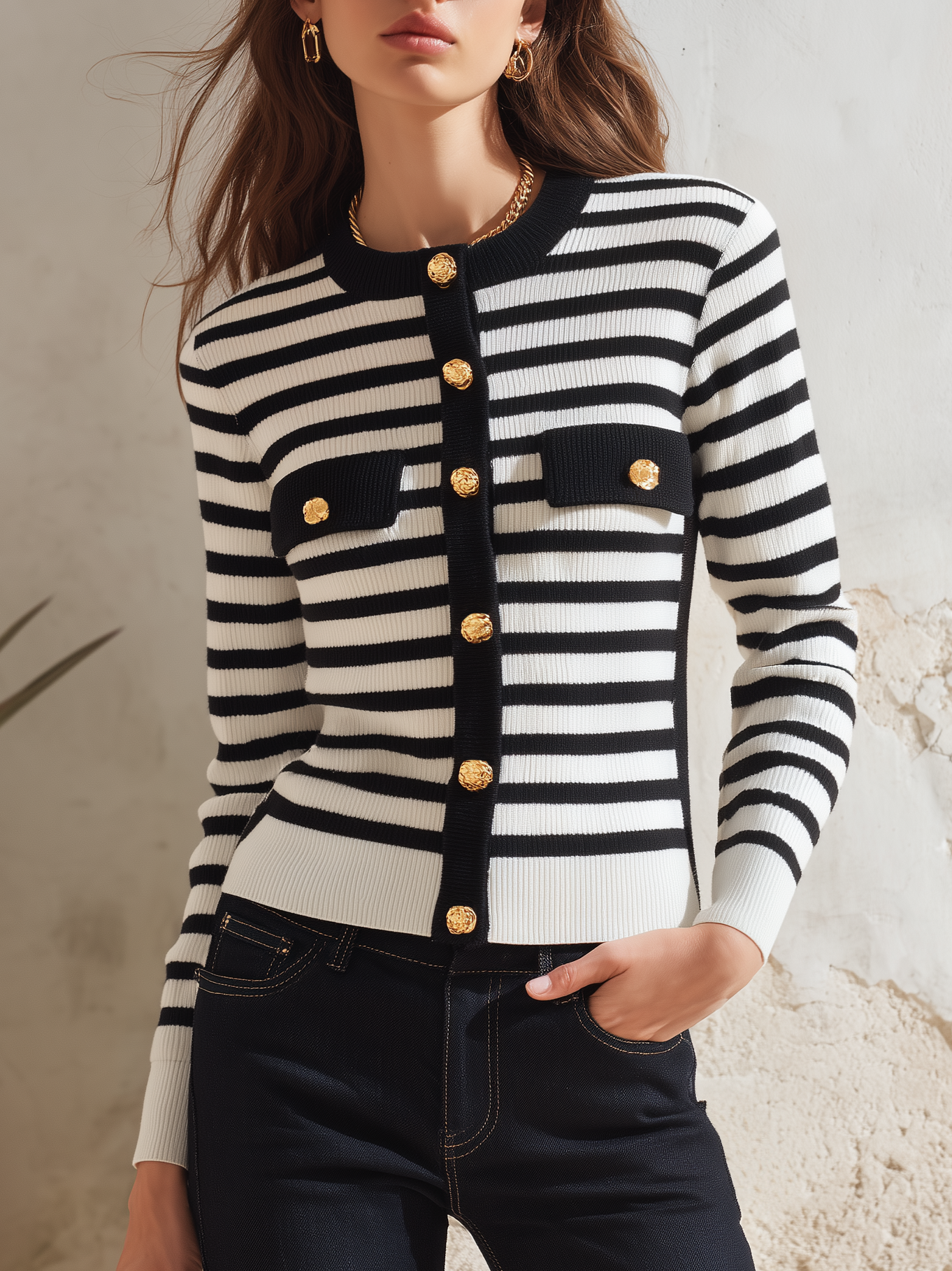 Resort-ready Elegant Round Neck Striped Knit Cardigan