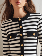 Resort-ready Elegant Round Neck Striped Knit Cardigan