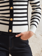 Resort-ready Elegant Round Neck Striped Knit Cardigan