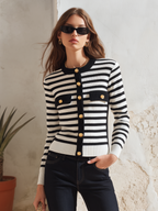 Resort-ready Elegant Round Neck Striped Knit Cardigan
