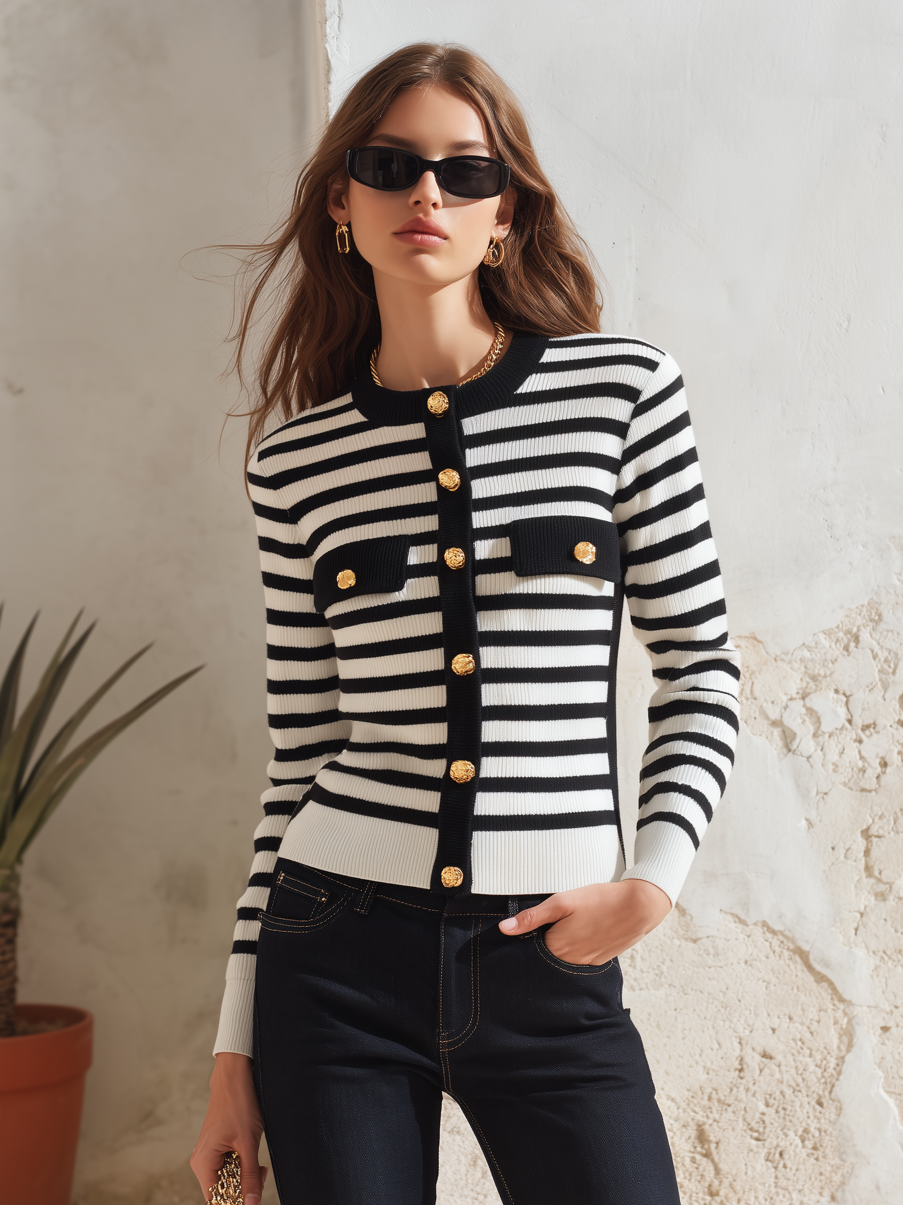 Resort-ready Elegant Round Neck Striped Knit Cardigan