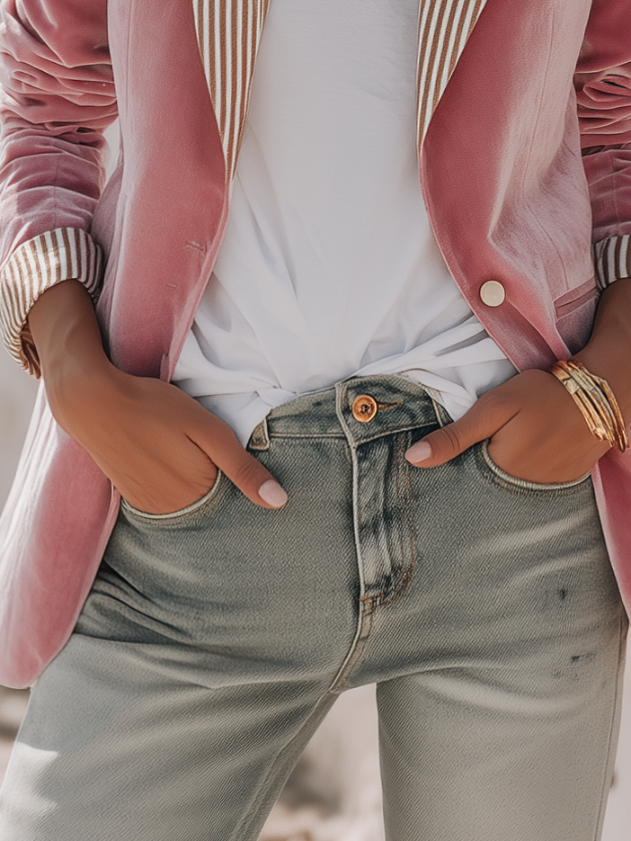 Elegant Relaxed Striped Lapel Velvet Blazer