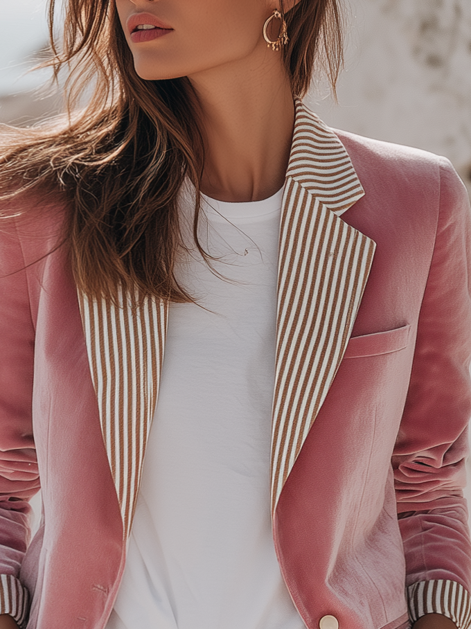 Elegant Relaxed Striped Lapel Velvet Blazer