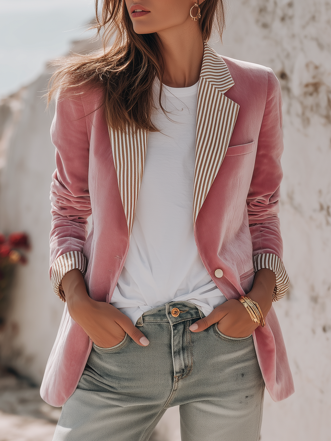 Elegant Relaxed Striped Lapel Velvet Blazer