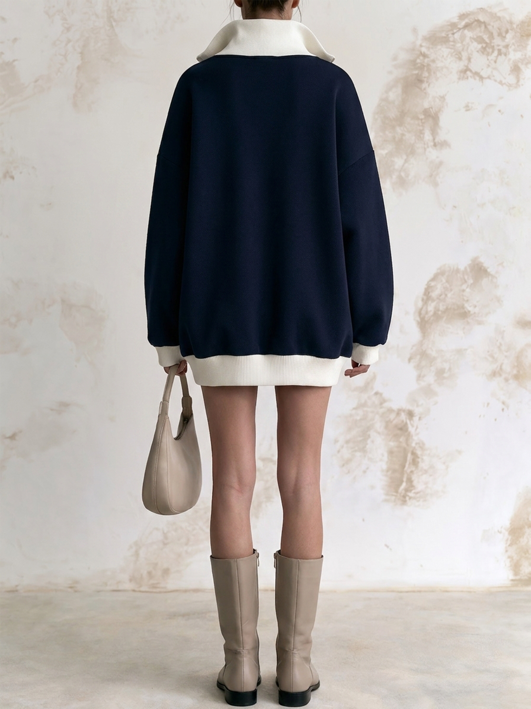 Navy White Contrast Rib Collar Oversized Air‑Layer Mini Sweatshirt Dress
