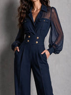 Elegant Navy Sheer Long Sleeve High Waist Jumpsuit With Wide Leg