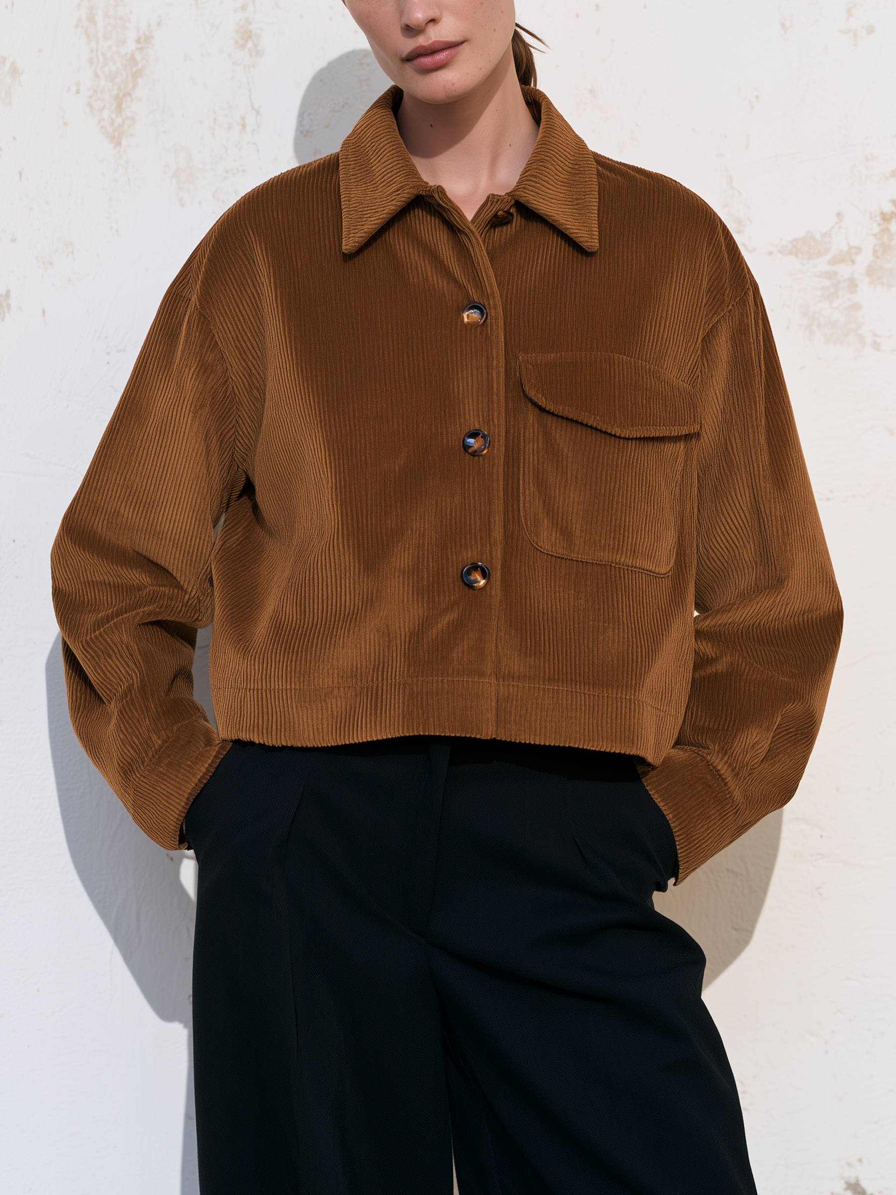 Cropped Corduroy Button Front Shirt Jacket