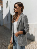 Casual Black White Houndstooth Oversized Blazer Jacket