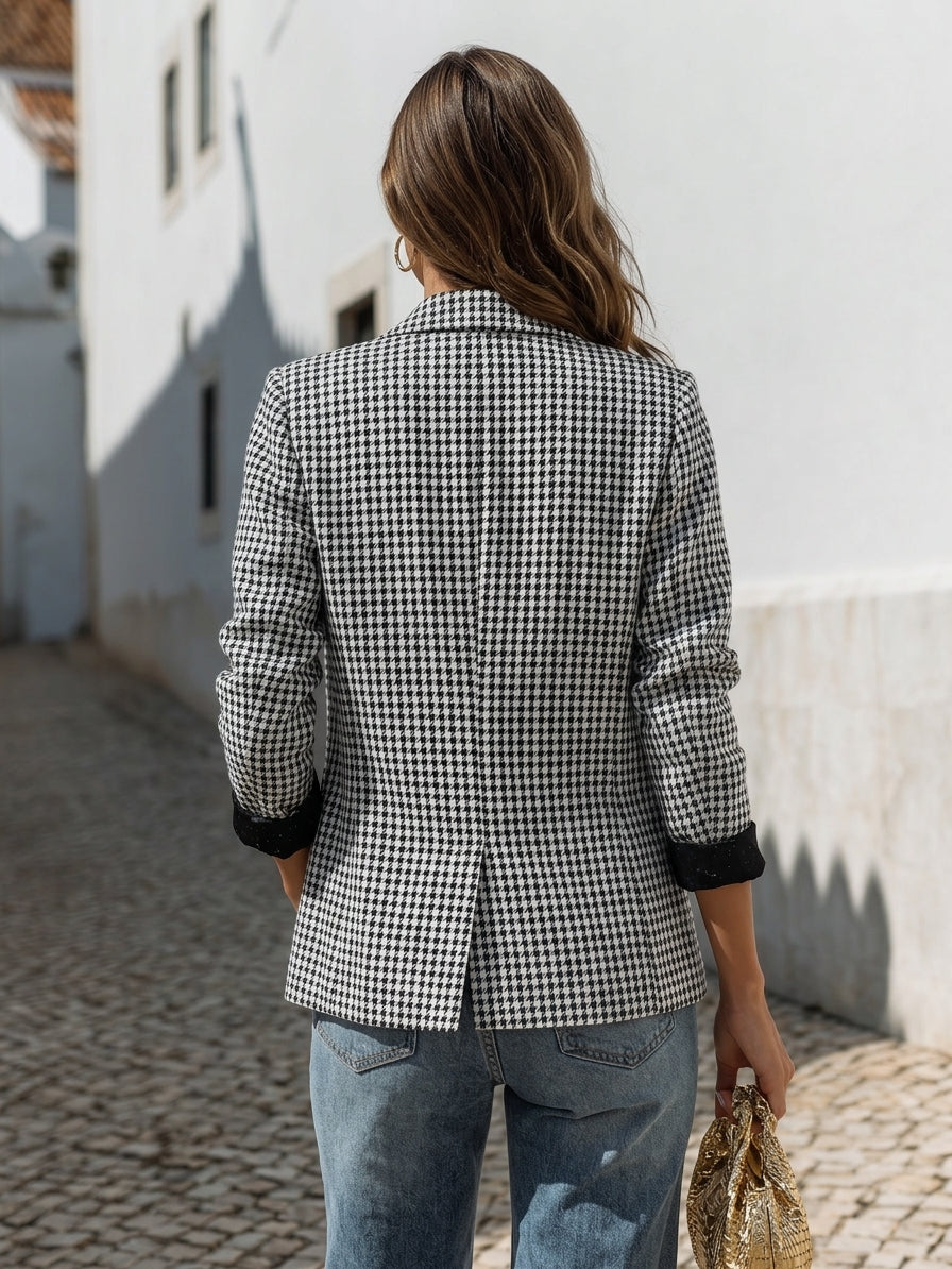 Casual Black White Houndstooth Oversized Blazer Jacket