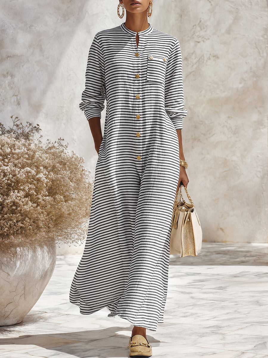 Resort-style Round Neck Long-sleeved Black And White Striped Maxi Dress