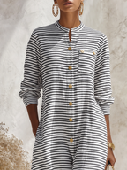 Resort-style Round Neck Long-sleeved Black And White Striped Maxi Dress