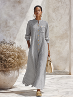 Resort-style Round Neck Long-sleeved Black And White Striped Maxi Dress